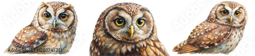 Realistic owl illustrations, detailed feathers, vibrant colors, wildlife art, nature-inspired design, educational use, animal portraits.