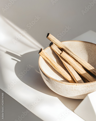 Wallpaper Mural A close-up of a rustic ceramic bowl with uneven edges, holding natural palo santo wood sticks with charred ends, bathed in soft natural sunlight, casting delicate shadows. Torontodigital.ca