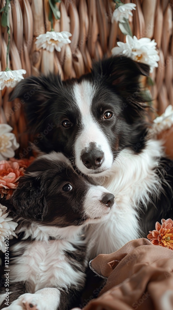 Border Collie dog mother and puppy with flowers warm family love Border Collie dog mother and puppy with flowers warm family love
