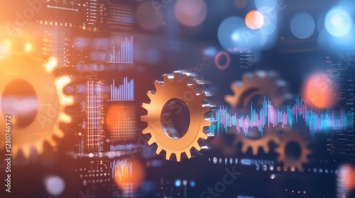 Digital interface with gears and data visualization in a high-tech environment
