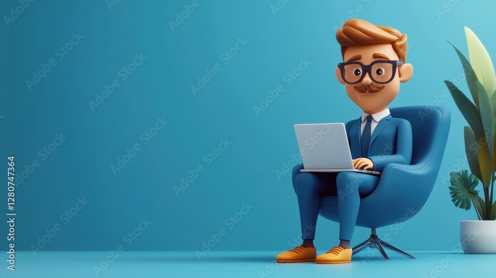 Cheerful 3D Character Sitting Professionally with Laptop in a Modern Blue Environment Cheerful 3D Character Sitting Professionally with Laptop in a Modern Blue Environment