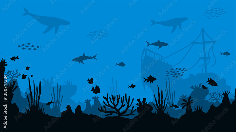 Obraz premium Underwater landscape of shipwreck with coral reefs scenery. Panoramic view of undersea with fishes and sunken ship. Vector illustration of scenic seascape with aquatic ecosystem and marine vegetation