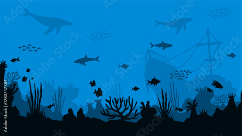 Underwater landscape of shipwreck with coral reefs scenery. Panoramic view of undersea with fishes and sunken ship. Vector illustration of scenic seascape with aquatic ecosystem and marine vegetation