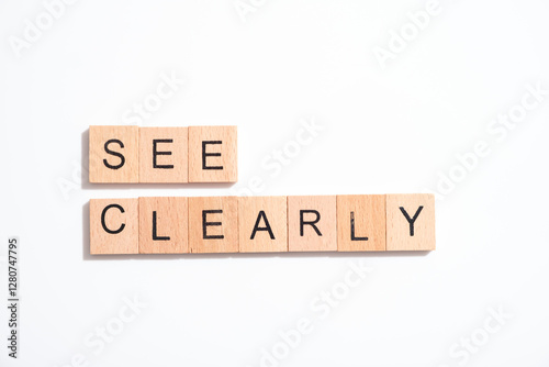 See clearly in wooden tiles on white background