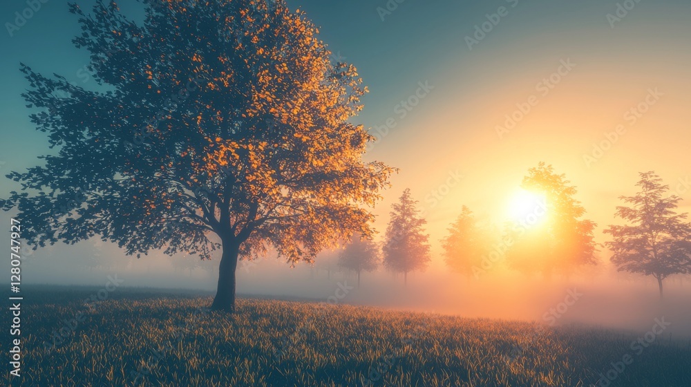 Sunrise Over Misty Meadow with Golden Tree and Vibrant Foliage in Soft Morning Light Sunrise Over Misty Meadow with Golden Tree and Vibrant Foliage in Soft Morning Light
