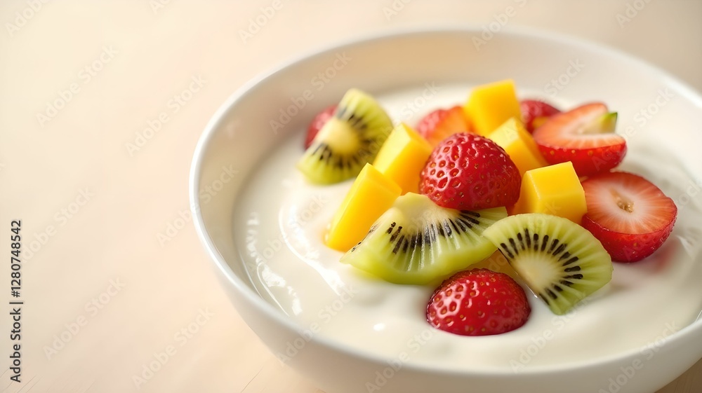 Delicious dessert with fresh fruit topping served on a cream base in bright light