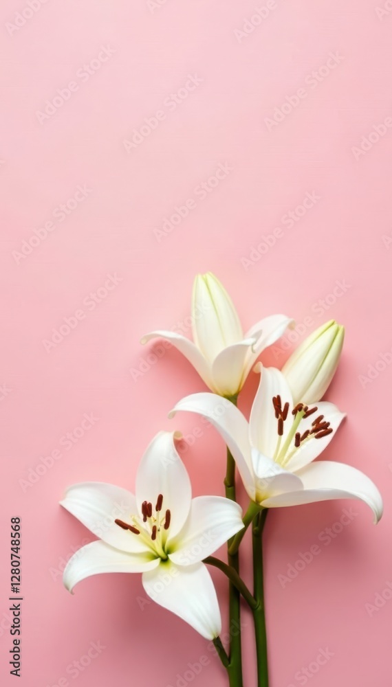 Fototapeta premium Soft pink background, three makeup items, white lilies, beauty, palette