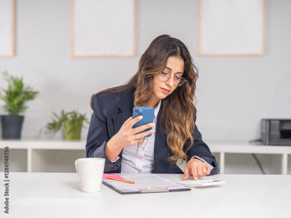 Focused business woman holding mobile phone using calculator wear glasses counting bills, pay, payment concept idea image. Smartphone financial application, checking analyzing budget at office. Focused business woman holding mobile phone using calculator wear glasses counting bills, pay, payment concept idea image. Smartphone financial application, checking analyzing budget at office.