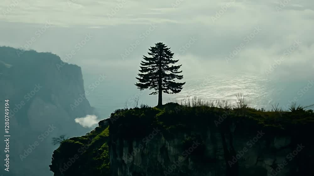 Tracking video, moody shadow play, establishing, the camera tracks alongside a solitary, wind-battered cypress tree clinging to a cliff edge during a cloudy afternoon