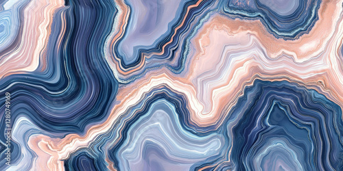 A seamless textured abstract design inspired by polished agate stones, blending peach fuzz, chambray blue, and lilac hues.