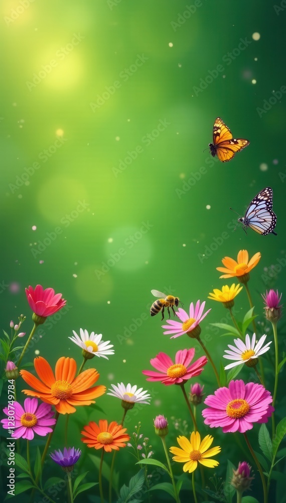 Obraz premium Vibrant wildflowers, buzzing bees, butterfly on lush green border , apidae, background