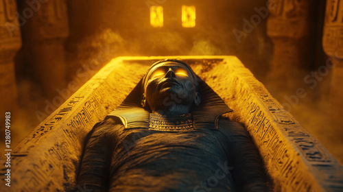 A mummy emerging from a sarcophagus