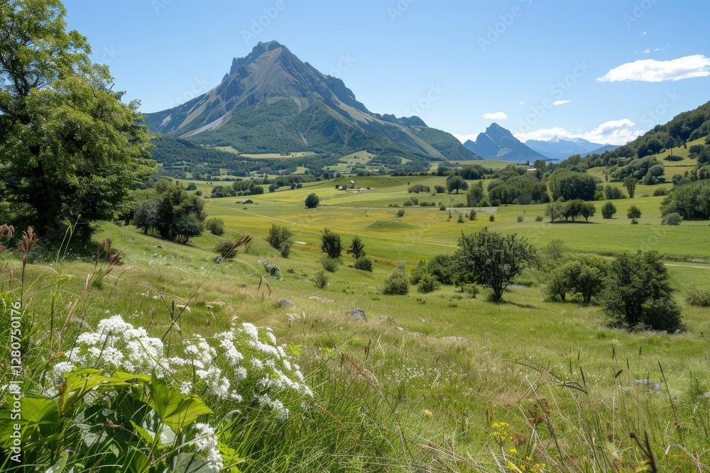 Fototapeta premium Scenic Mountain Landscape with Lush Green Fields and Vibrant Wildflowers under a Clear Blue Sky