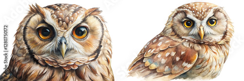 Realistic owl illustrations, detailed watercolor art, wildlife portrait, nature-inspired design, artistic animal depiction.