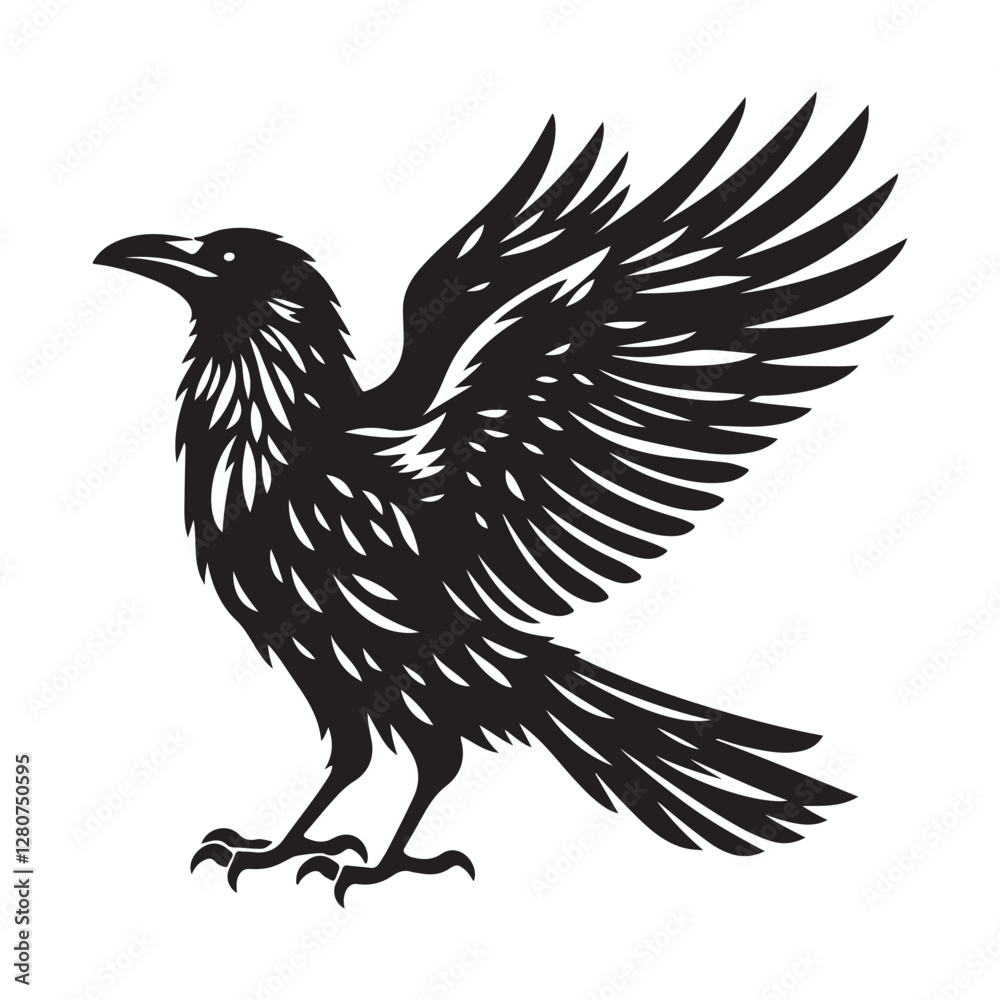 Obraz premium Raven bird Silhouette Vector Illustration, Solid White Background.