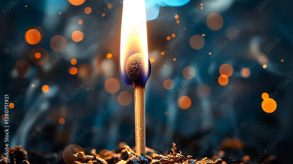 Burning match in dark environment with bokeh