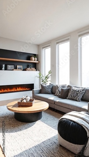 A modern living room with a fireplace and couches.
