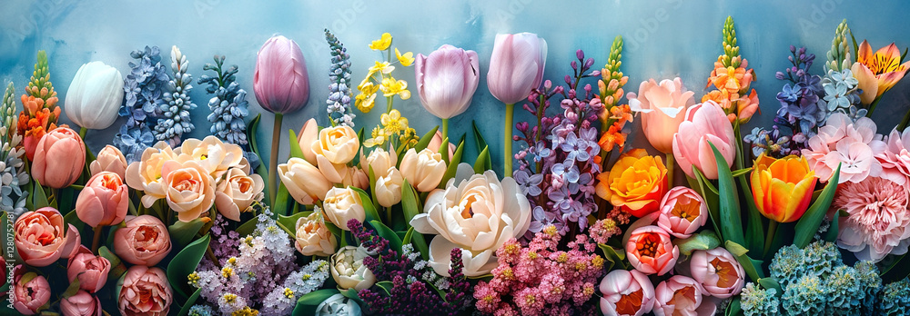 Colorful spring flower arrangement showcasing a variety of blossoms in a vibrant setting. Colorful spring flower arrangement showcasing a variety of blossoms in a vibrant setting.