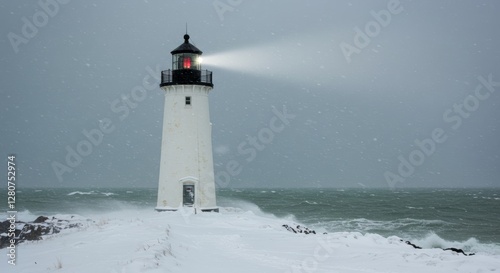 Wallpaper Mural Snowy lighthouse beacon guiding through a fierce winter coastal storm Torontodigital.ca