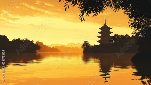 pagoda standing beside a river, silhouetted against the golden sky. The calm water reflects its perfect symmetry
