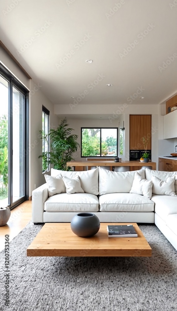 Fototapeta premium A modern living room with white couch and coffee table.