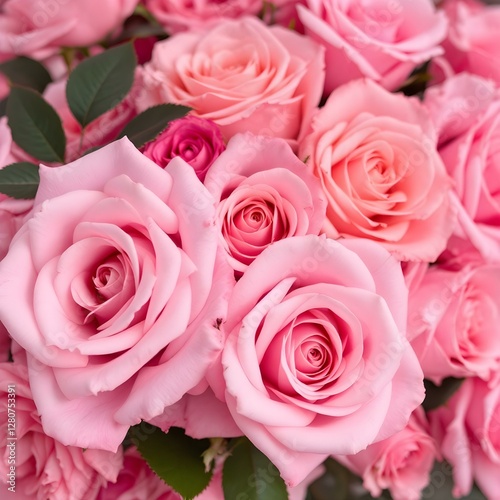 Pink roses bouquet, delicate petals, soft focus, romantic floral arrangement