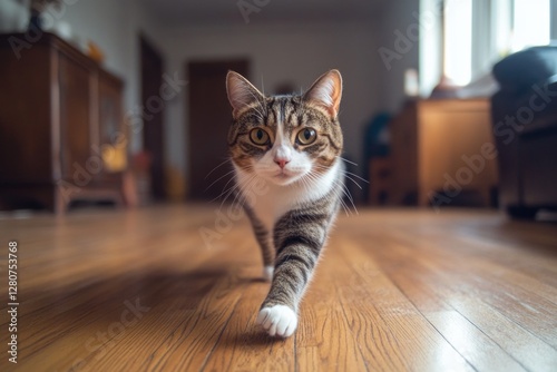 A domestic cat walks across a wooden floor in a cozy living room