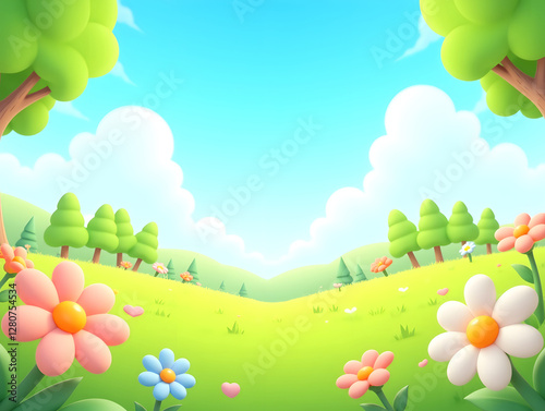 3D cartoon Spring meadow lovely pink flowers 3D natural background