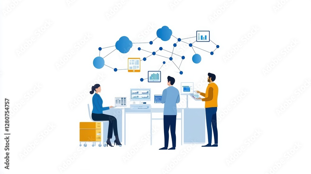 Diverse team collaborating on data analysis and cloud computing solutions Diverse team collaborating on data analysis and cloud computing solutions