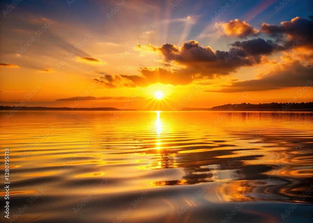 Naklejka premium Golden Hour Water Reflection: Serene Sunset Lake Tranquility