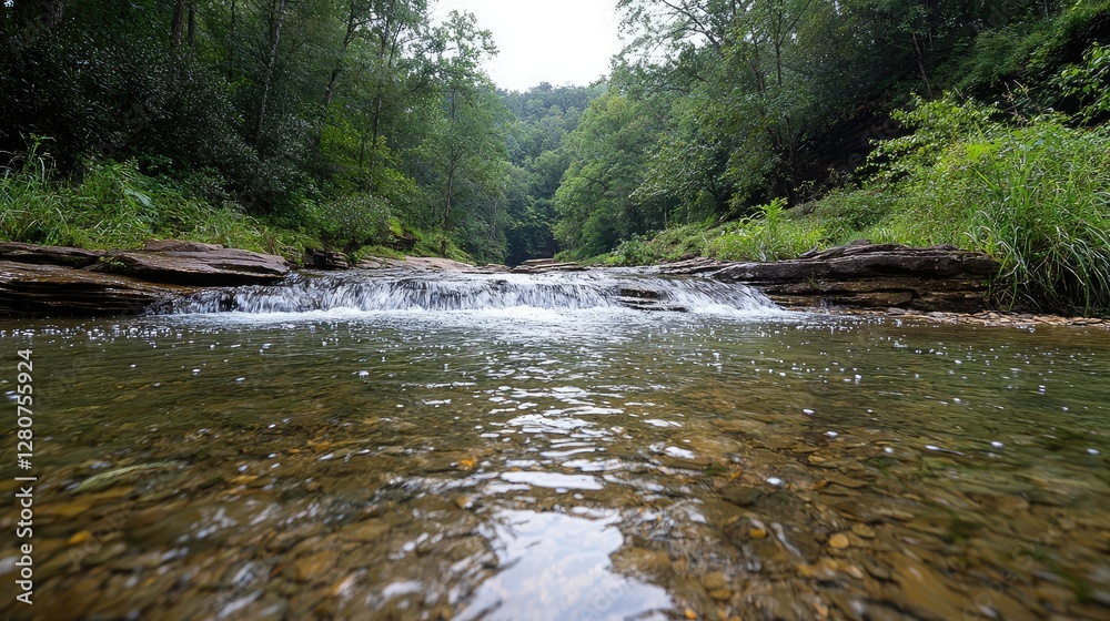 Forest stream cascading over rocks, calm water, lush trees, tranquil scene Forest stream cascading over rocks, calm water, lush trees, tranquil scene