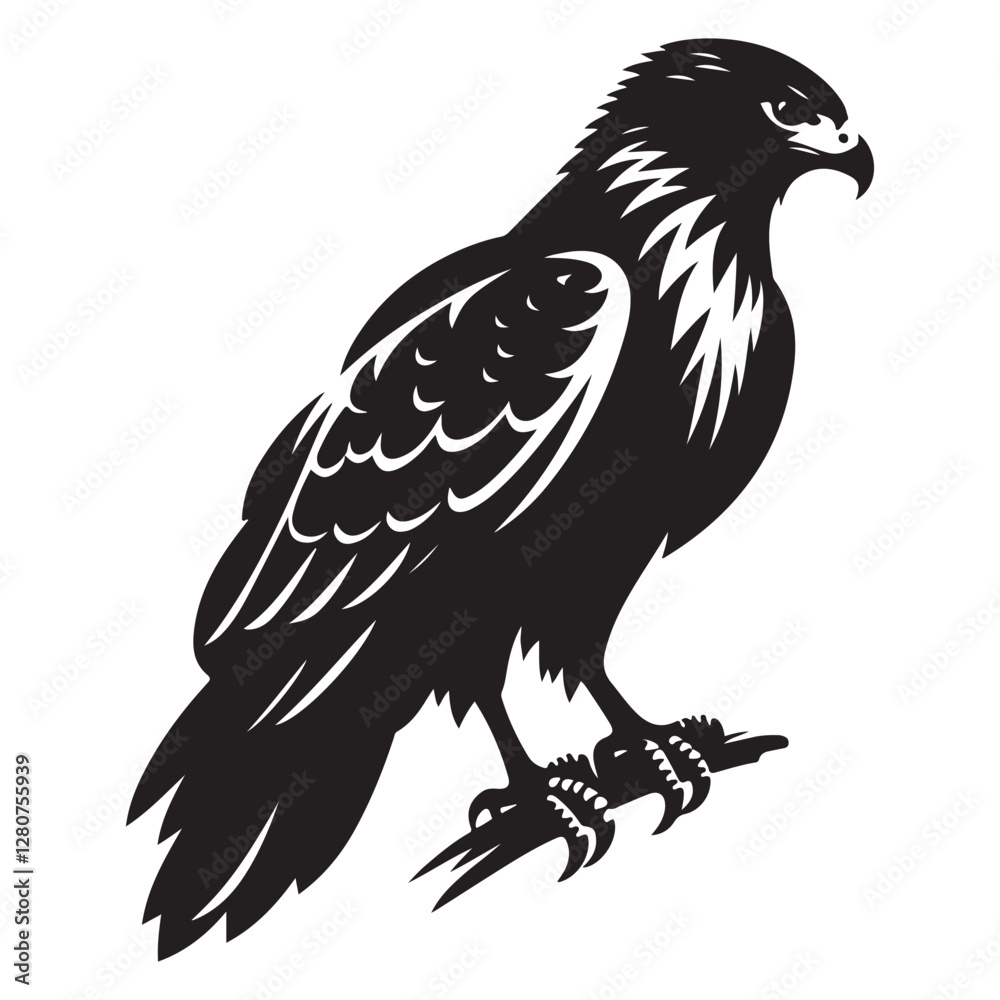 Fototapeta premium Red-tailed Hawk bird Silhouette Vector Illustration, Solid White Background.