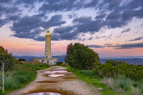 Gytheio Lighthouse at sunset in winter Greece.
