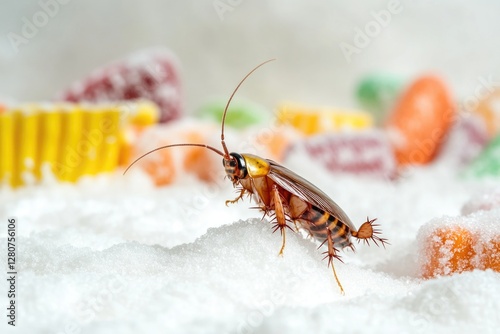 Close-up of a cockroach in snowy environment with minimal context