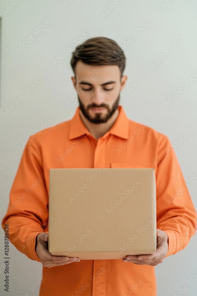 Man in orange shirt holds cardboard box, focused on contents ins Man in orange shirt holds cardboard box, focused on contents ins