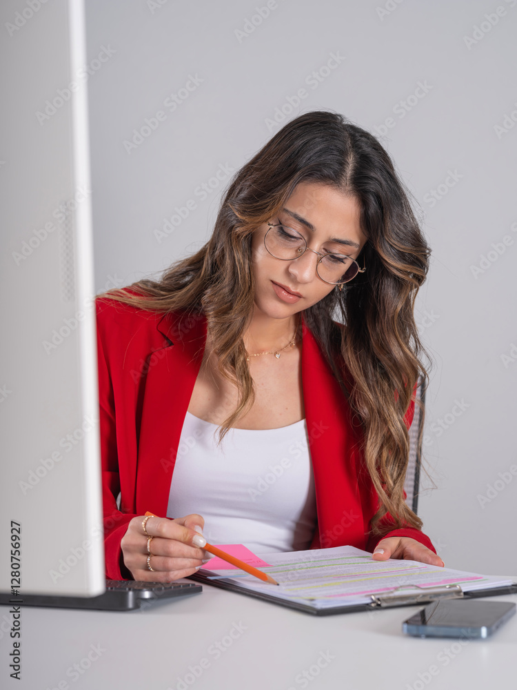 Make correction in document, young caucasian business woman working make correction in document. Focused busy confident office worker sit desk use computer wear red formal jacket check written data. Make correction in document, young caucasian business woman working make correction in document. Focused busy confident office worker sit desk use computer wear red formal jacket check written data.