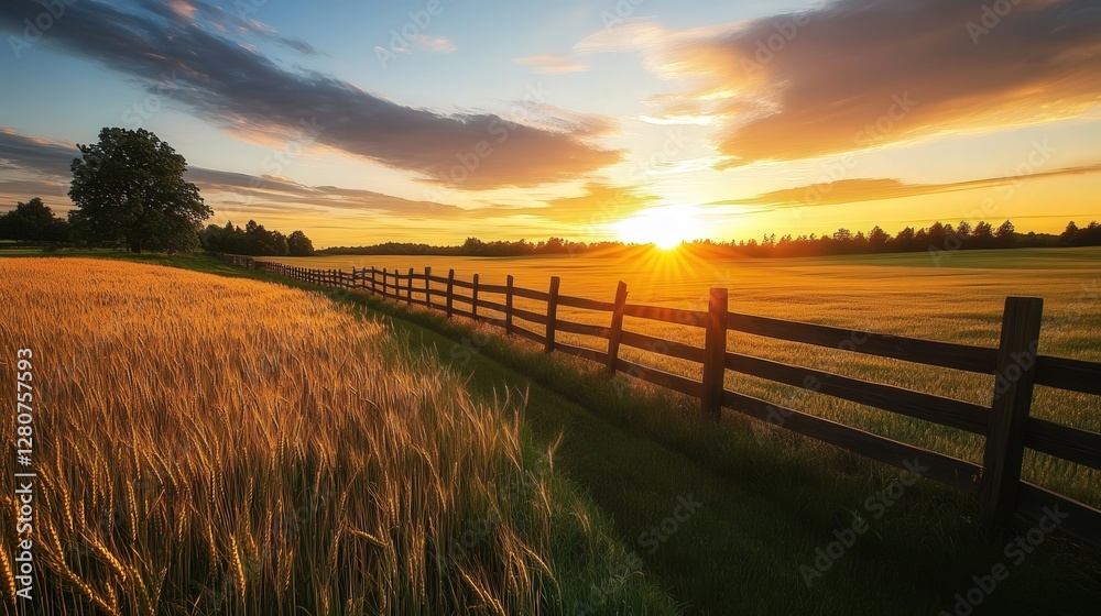 countryside sunset, where fields of wheat sway under a sky ablaze with warm hues. A wooden fence stretches into the distance, leading toward the fading sun. countryside sunset, where fields of wheat sway under a sky ablaze with warm hues. A wooden fence stretches into the distance, leading toward the fading sun.