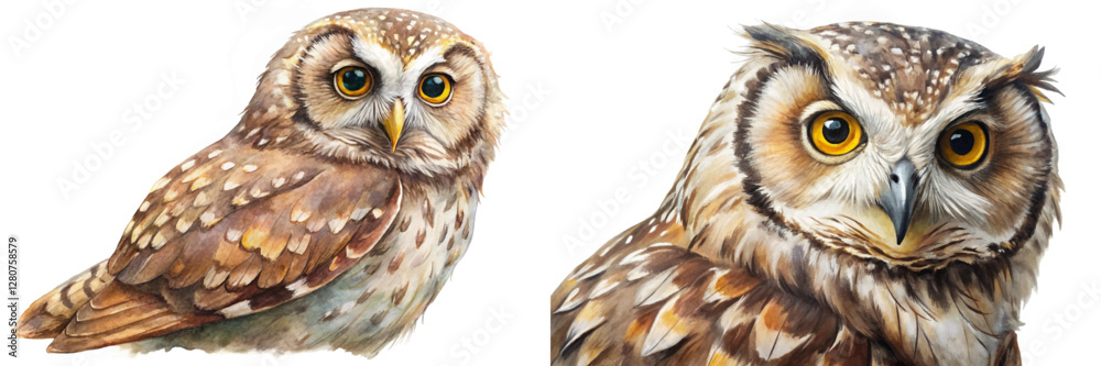 Obraz premium Realistic owl illustrations, vibrant watercolor style, detailed feathers, artistic wildlife depiction, nature-inspired artwork.