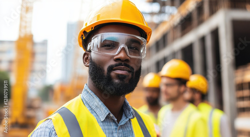 A black man wearing a construction helmet and safety goggles stands proudly in front of a busy construction site filled with workers and machinery