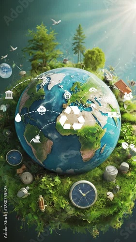 Circular economy concept.Circular economy infographic with icons on green World map .Global green technologies.Vertical video