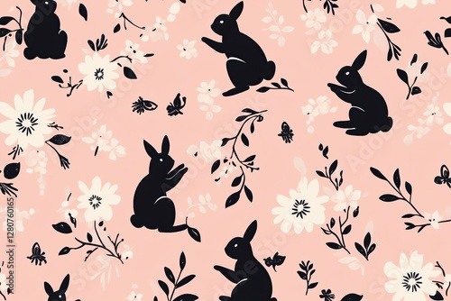 A whimsical floral pattern featuring black rabbits among white flowers on a pink background.