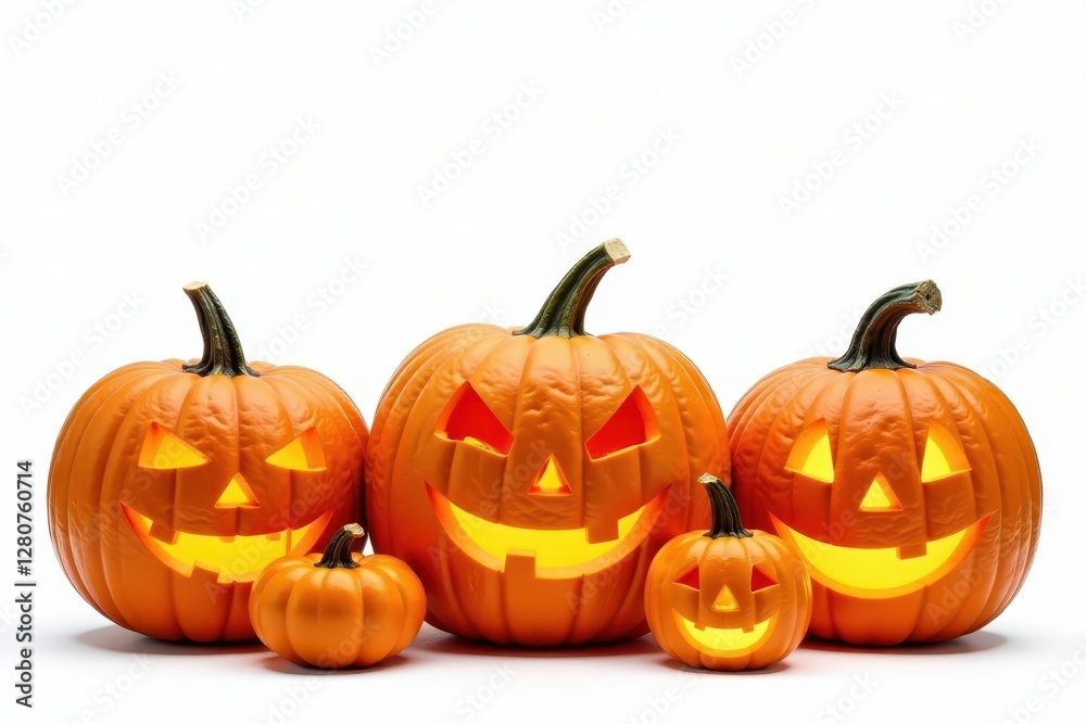 Several carved Halloween pumpkins, various sizes and designs, isolated on white , autumn, halloween decoration, decor Several carved Halloween pumpkins, various sizes and designs, isolated on white , autumn, halloween decoration, decor