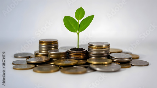 A small tree grows from a pile of coins, symbolizing finance and growth. and the connection between nature and finance.