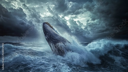 Whale emerging from stormy sea. Powerful marine animal in rough ocean. Possible use Stock photo for nature, wildlife, or environmental themes photo