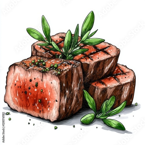 Corte de carne roja fresca con hierbas ornamentales en un fondo blanco lleno de texturas naturales