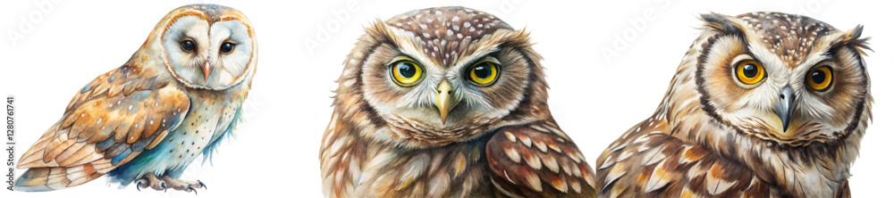 Fototapeta premium Realistic owl illustrations, vibrant watercolor style, nature-themed artwork, detailed bird portraits, wildlife art collection.