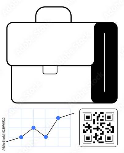 Briefcase icon paired with a line chart and QR code. Ideal for business growth, analytics, technology, mobility, innovation, marketing, strategy. Abstract line flat metaphor