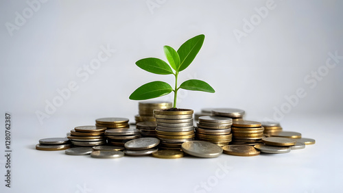 A small tree grows from a pile of coins, symbolizing finance and growth. and the connection between nature and finance.