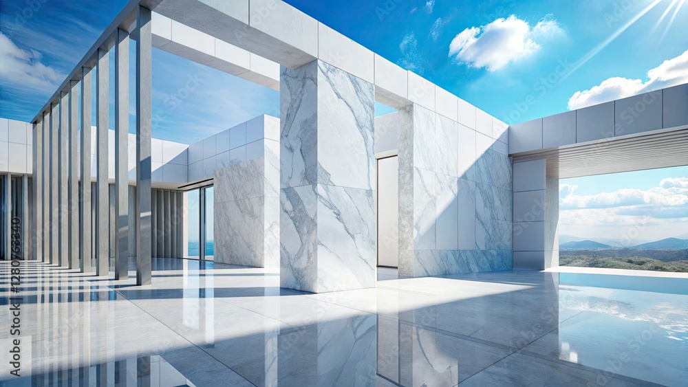 Fototapeta premium Sleek white marble interiors bathed in natural light showcase minimalist architecture and modern design.
