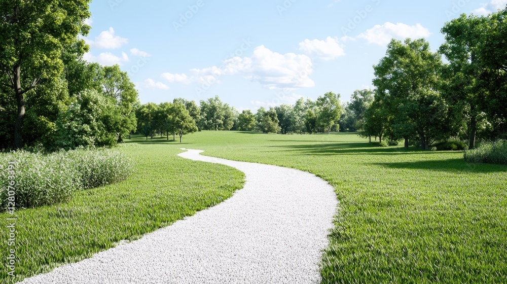 Winding path through sunny park, green grass, trees. Use travel brochure Winding path through sunny park, green grass, trees. Use travel brochure
